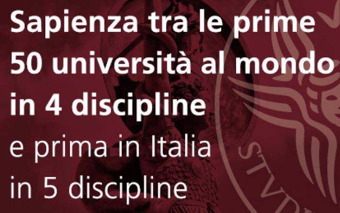 Sapienza tre le prime 50 università al mondo in Fisica (12°posto), Ingegneria aerospaziale (20° posto), Farmacia e scienze farmaceutiche (31°) Automation&Control (47°) secondo il Shanghai Global Ranking of Academic Subjects 2024